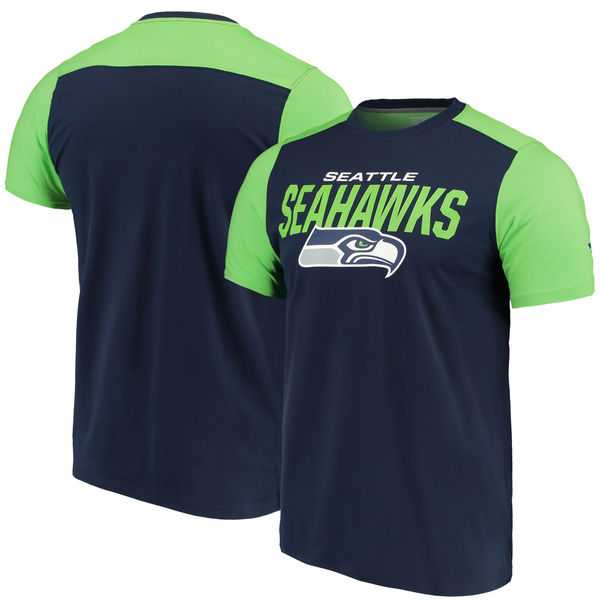 Seattle Seahawks NFL Pro Line by Fanatics Branded Iconic Color Blocked T-Shirt College Navy Neon Green